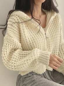 Áo khoác len có mũ kiểu Hàn Quốc, dáng rộng rãi thoải mái, áo len khóa kéo, phong cách thường ngày. - Màu be - Xem 3