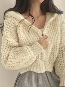 Áo khoác len có mũ kiểu Hàn Quốc, dáng rộng rãi thoải mái, áo len khóa kéo, phong cách thường ngày. - Màu be - Xem 1