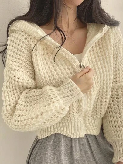 韩版连帽针织开衫，宽松休闲版型，拉链毛衣