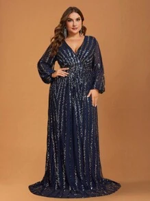 YISIKADO Vestido de graduación, cena o fiesta formal de manga larga con manga farol y lentejuelas, elegante vestido de noche largo para boda - Azul Marino - Ver 1