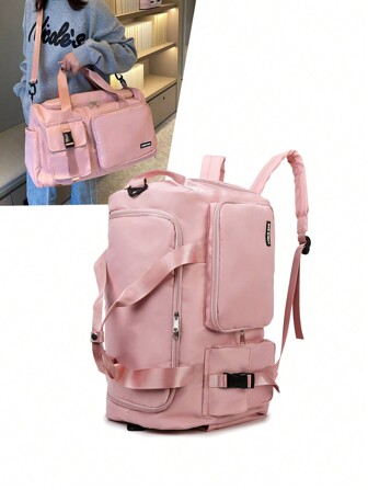 Buqingting 1pc New High-Capacity Multifunctional Multiple Pockets Solid Color Waterproof Fabric Can Be Hung On The Luggage Compartment With Adjustable Shoulder Strap Design And Zippered Back For Women's Luggage Bag Suitable For Vacation Holiday For Travel For Exercise Fitting Pink Bag For School School Accessories School Stuff