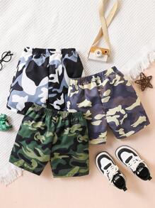 3pcs/Set Young Boy's Casual Camouflage Printed Versatile Shorts, Suitable For Summer, Outdoor, School, Daily, Leisure, Sports, Travel