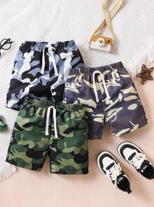 3pcs/Set Young Boy's Casual Camouflage Printed Versatile Shorts, Suitable For Summer, Outdoor, School, Daily, Leisure, Sports, Travel