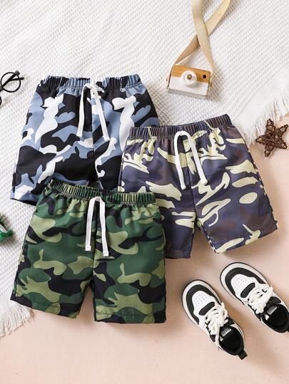 Juego de 3 piezas de pantalones cortos casuales de camuflaje impresos versátiles para niño joven, aptos para verano, exterior, escuela, diario, ocio, deportes, viaje