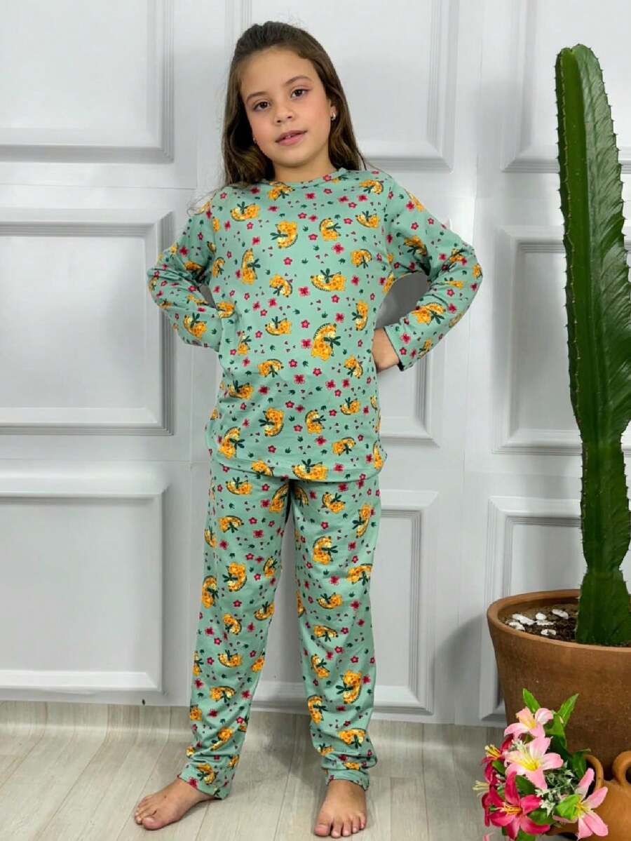 Girls' Winter Long Sleeve Suede Printed Pajamas - 綠色 - 查看 1