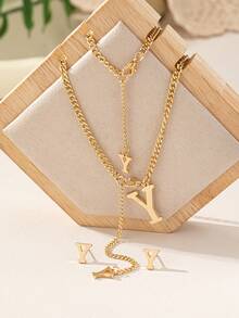 1 Bộ Thời Trang Phổ Biến 2024 Mới 26 Chữ Cái Tiếng Anh Vòng Tay Hoa Tai Mặt Dây Chuyền Vuông Tối Giản, Thiết Kế Tinh Tế Cho Phụ Nữ Mặc Hàng Ngày - Vàng - Xem 11