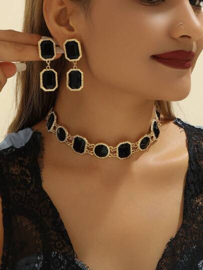 3pcs/Set Black Asymmetrical Women's Earrings And Necklace, Fashionable Daily Accessories