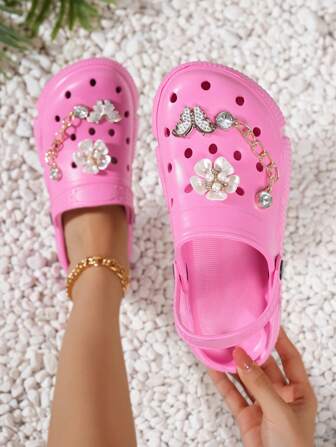 CIVHOM 时尚女士 EVA 花园木屐 - 舒适、防水、防滑、轻便的花园鞋，带有花卉和金属链条装饰，厚实的 EVA 鞋底，适合四季穿着的凉鞋、拖鞋