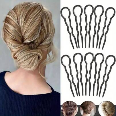 10pcs/Pack Black Plastic U-Shaped Hair Clips, Spiral Hair Braiding Clips For Women And Girls, Casual, Elegant, Bohemian Style, ABS Material Y2k Hair Combs Combs For Hair Side Comb, School Stuff, Wedding, Hair Accessories, Head Accessories, Bridal Hair Accessory, Bridesmaid