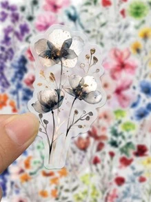 50pcs Ink Flower Cartoon Exquisite PET Stickers DIY Decorative Phone Cases Guitar Notebook Laptop Water Cup Waterproof Stickers,Daisy Stickers,Stickers For Girls,Dried Flower Stickers - Multicolor - View 6