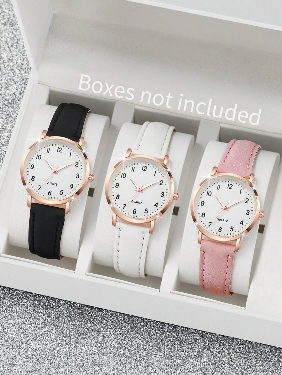 3pcs/Set Women's Fashion Casual Quartz Wrist Watch With Leather Band, Elegant Dial Design (Watch Not Included) - Multicolor - View 1