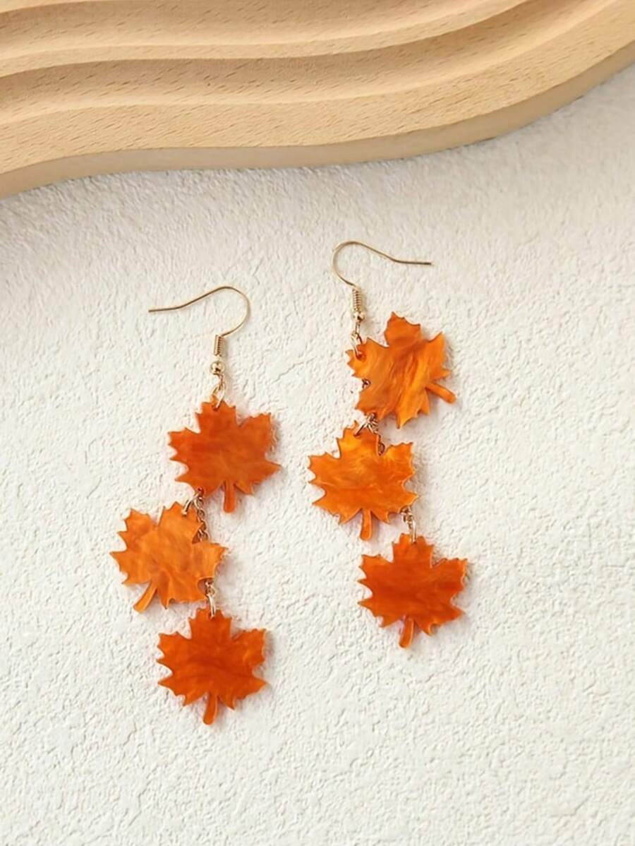 1Pair Autumn Style Long Maple Leaf Acrylic Earrings Retro Beautiful Ear Jewelry For Women - Orange - View 1