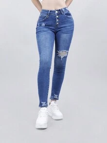 Impacta con Estilo! Jeans Azul Medio : Cuatro Botones, Rasgaduras Trendy - Azul lavado medio - Ver 2