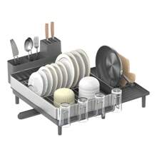 SONGMICS Dish Drainer Rack, Expandable Dish Drying Rack, Stainless Steel Kitchen Dish Rack With Rotatable Spout, Utensil, Cup, Glass, Cutting Board And Pan Holders, Silver And Black,Silver And Grey - Grey - View 2