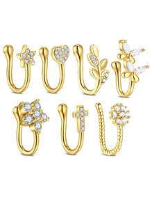 7 件不锈钢假鼻环套装点钻五角星爱叶蝴蝶多款式身体穿孔首饰男女皆宜使用方便，佩戴舒适，无需穿孔 - 假鼻環 - 查看 9