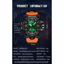 SANDA 男士手表数字石英双时区军用运动腕表顶级品牌奢华多功能闹钟日期星期秒表功能 TPU 表带防水电子男钟礼物