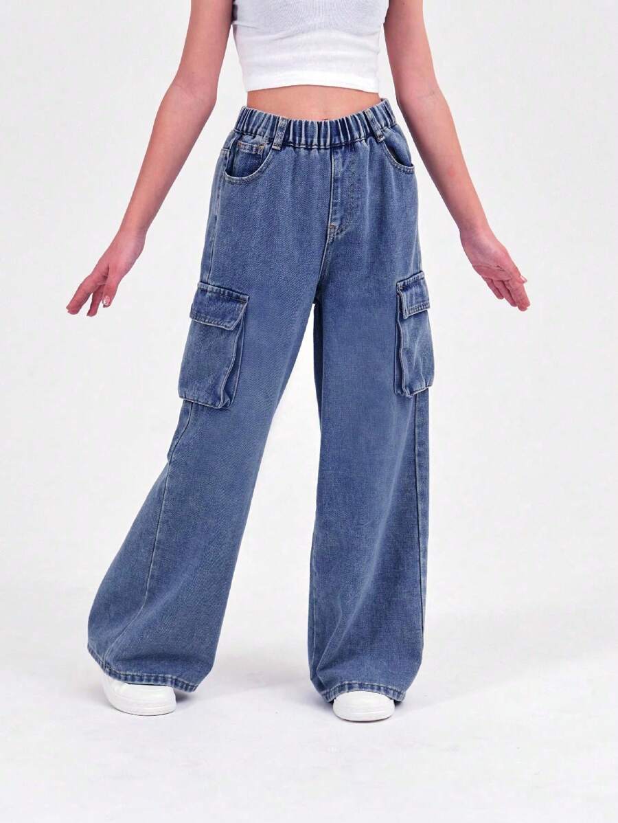 Tween Girl Blue Utility Multi-Pocket Casual Long Denim Pants