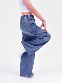 Tween Girl Blue Utility Multi-Pocket Casual Long Denim Pants