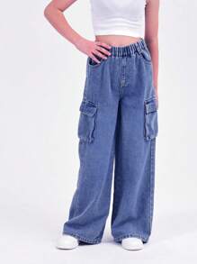 Tween Girl Blue Utility Multi-Pocket Casual Long Denim Pants