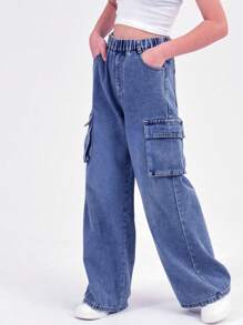 Tween Girl Blue Utility Multi-Pocket Casual Long Denim Pants
