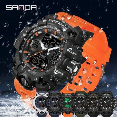 SANDA SANDA Relógio Masculino Digital Quartz Dual Time Militar Esporte Relógio de Pulso Top Marca Luxo Multifuncional Alarme Data Semana Função Cronômetro Pulseira TPU À Prova D'Água Relógio Eletrônico Masculino Presente