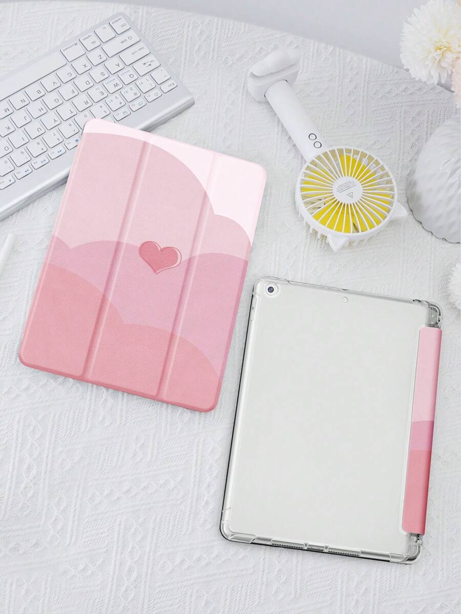 苹果Y2K粉色爱心撞色图案保护套，兼容iPad，带笔槽，支持自动睡眠/唤醒功能