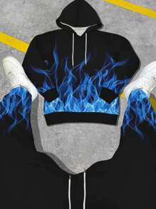 3D Digital Printed Flame Art Pattern Pocket Drawstring Hoodie & Sweatpants Two Pieces Set, Men's Wrinkle-Resistant Casual Streetwear Tracksuit For Spring - Black - View 8