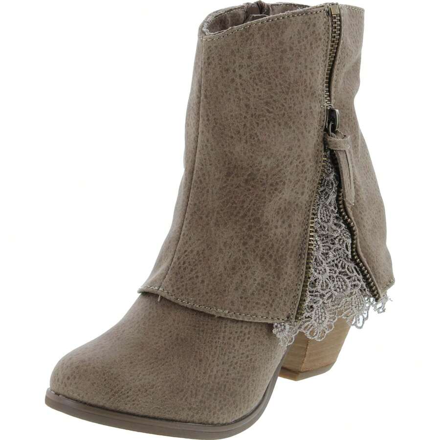 Women's Lace Detail Faux Zipper Pull On Layed Ankle Bootie - Taupe - View 1