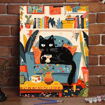 프레임 없는 16X20인치 캔버스, 검은 고양이 물 마시는 디자인, 주름 없는 롤 캔버스, 홈 데코레이션 및 독특한 선물에 완벽한 성인용 DIY 아크릴 페인트 번호 키트