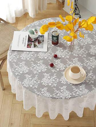 1pc Floral Embroidered Lace Mesh Tablecloth, White Ruched Floral Cutout Round Tablecloth, Polyester Fabric Embroidered Decorative Tablecloth For Kitchen Table, Holiday, Wedding