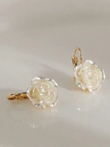 1 Pair Of Girls' White French Pearl Camellia Flower Earrings - Suitable For Daily Accessories