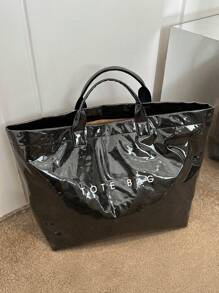 Large Capacity Fashionable Transparent Jelly Bag PVC Waterproof Shopping Bag, Korean Neutral Style Tote Bag, INS Fashionable Retro Casual Street Hipster Tote Bag, Japanese Slouchy Bag, Suitable For High School And University Students Going To School, Gym/Yoga/Travel Bag Or Mommy Bag, Letter Print Minimalist Celebrity-Inspired Creased Texture High-End Quality Multi-Layer Paper Handbag Winter Gifts - Black - View 8