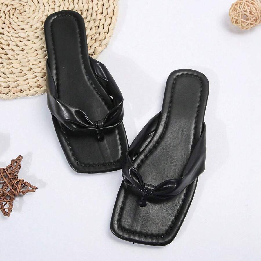 Stylish Women's Ruched Strap Flat Sandals - Open-Toe Beach Slippers With Chic Square Toe Design - Perfect For Outdoor Activities And Flip Flop Lovers! - 黑色 - 查看 1