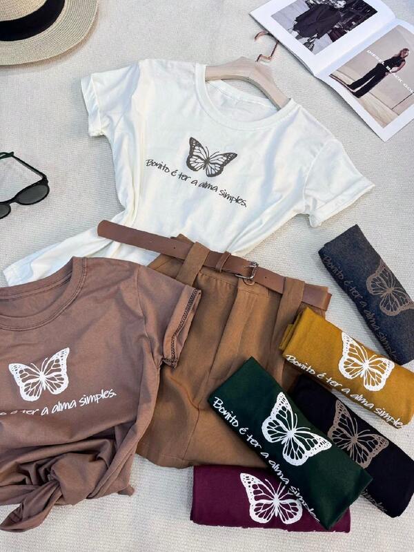 Camiseta T-Shirt  100% algodao Gola Careca Blusa feminina manga curta "Borboleta"