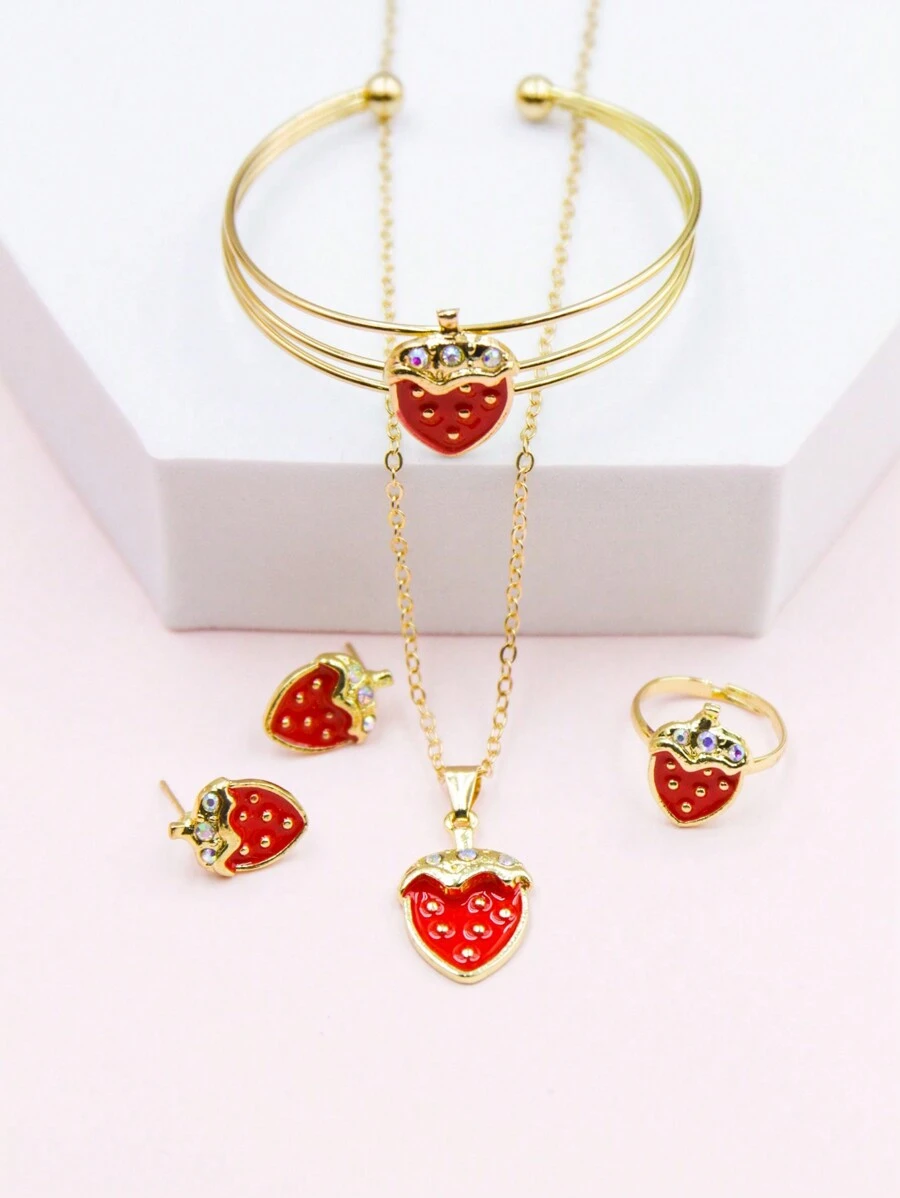 5 件装可爱草莓水钻吊坠项链、戒指、手链、耳环首饰套装，红色 - 紅色 - 查看 1