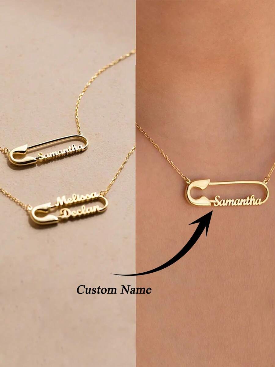 Customized Name Paperclip Pendant Necklace, Personalized Silver/Gold Chain Necklace, Customizable 1-2 Name Engraved Pendant Necklace, Fashionable Stainless Steel Jewelry, Couple Gift, Birthday/Anniversary Gift - Gold - View 1