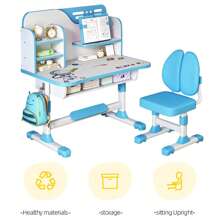 2Pcs/Set Premium Kids Study Desk Chair Set, Height Adjustable Children School Study Table Chair Set With Astronaut Pattern, Ergonomic Desk Chair With Large Writing Board, Bookshelf And Drawer - 藍色 - 查看 6