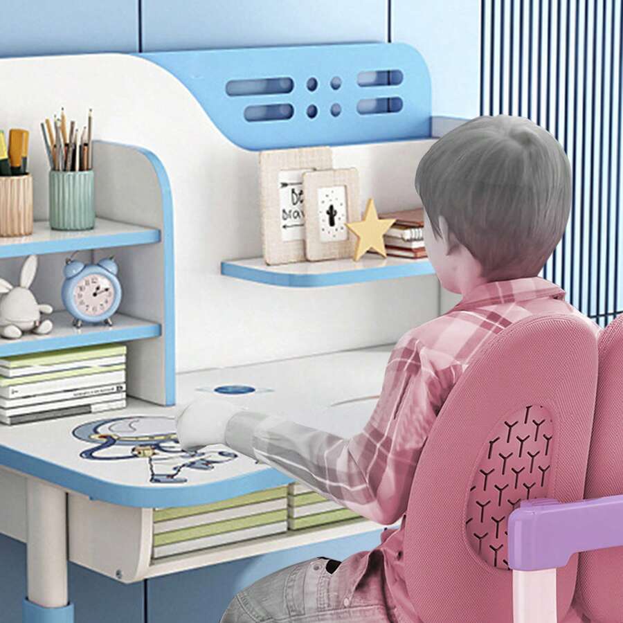 2Pcs/Set Premium Kids Study Desk Chair Set, Height Adjustable Children School Study Table Chair Set With Astronaut Pattern, Ergonomic Desk Chair With Large Writing Board, Bookshelf And Drawer - 藍色 - 查看 1