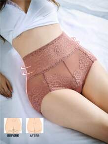 1pc Lace Floral Decor Sexy Sports Slimming & Tummy Control Leggings, Breathable Shaping Beauty Pants, Women Butt Lifting Tights, Base Layer Pants, Waist Slimming Bottoms Gym Accessories - Coral Pink - View 2