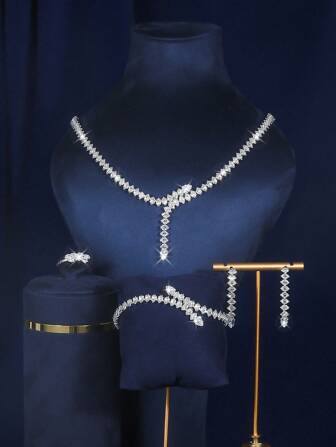 1 件奢华水钻铜基镀光面新娘婚礼项链 + 1 件迷人水钻镀光面新娘婚礼手链 + 1 对优雅水钻新娘婚礼耳环 + 1 件精致水钻新娘结婚戒指 - 5 件时尚新娘婚礼配饰套装，适用于派对、婚礼、舞会、新娘拍照、送礼