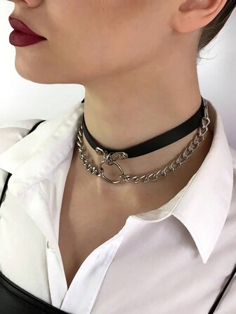 1PC Women Leather Choker Fashion Belts Style Choker Punk Jewelry With Chains Clavicle Choker Rock Neck Chain Bride Jewelry Halloween