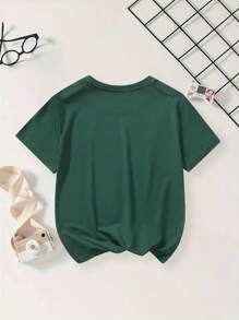 Young Boy's Fashionable Heart Pattern Printed Crew Neck T-Shirt, Spring Summer 2024 - Dark Green - View 2