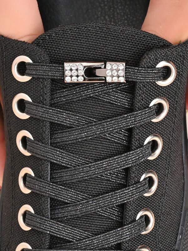 1pair Rhinestone Buckle Black Pearlescent Stretch Elastic No-Tie Shoelaces For Sneakers And Casual Shoes,White Shoes,Basketball Shoes,Trainers Running Shoes