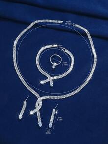 1 Copper-Based Sparkling Zirconia Necklace + 1 Luxurious Zirconia Bracelet + 1 Pair Elegant Zirconia Earrings + 1 Graceful Zirconia Ring, 5-Piece Bridal Wedding Jewelry Set For Party, Wedding, Banquet, Bridal Photography, Gift - Silver - View 4