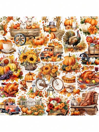 50 Pcs Per Pack No Repeat Thanksgiving Stickers Fall Stickers For Holiday Decoration,DIY Crafts,Art Journal, Laptop, Compatible With IPhone, Gift Decoration Back To School