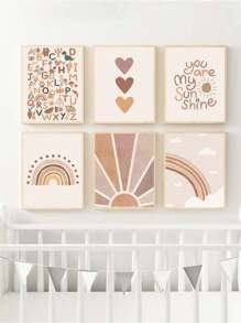 6 PCS Bohemian Canvas Print Alphabet Wall Art Painting Love Poster Rainbow Wall Picture Beige Canvas Painting Sunshine Art Poster Nursery Wall Decor Poster Kids Bedroom Wall Decoration No Frame