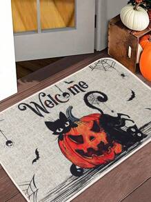 1pc 40*60cm Polyester Halloween Decorative Doormat, Floor Mat, Cute Black Cat Pumpkin Design Decorative Non-Slip Floor Mat For Halloween Party Kitchen Bedroom Bathroom Holiday Home Decoration Carpet, Halloween Gift Mat, Halloween Ornaments