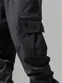 Men's Casual Cargo Pants With Slant Pockets And Drawstring Hem - Black - View 5