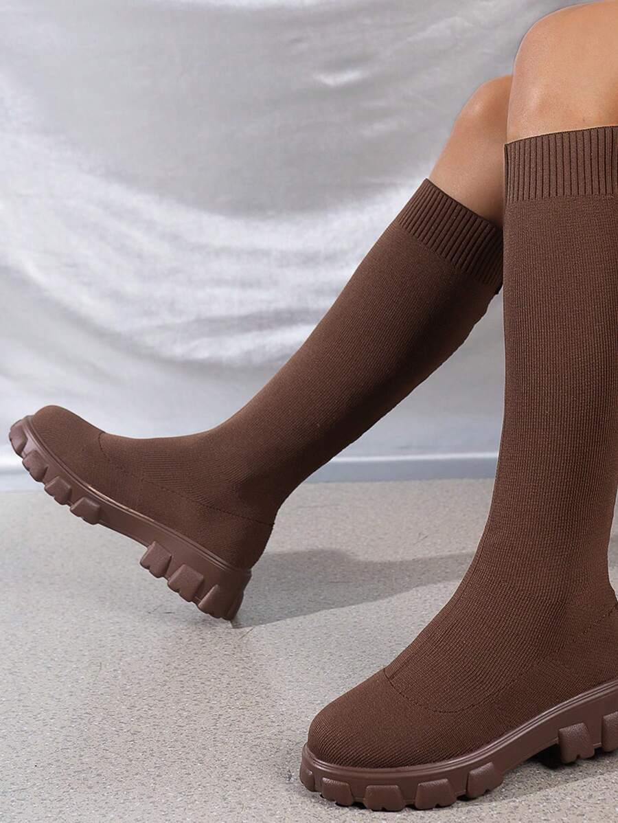 秋冬新款欧洲大码女靴高筒弹力针织袜靴厚底防滑针织靴弹力紧身靴，搭配毛衣的理想选择 - 咖啡棕 - 查看 1