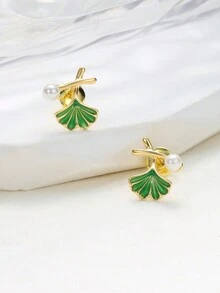 1 对优雅珍珠和银杏叶形吊坠耳环，简约风格 - 綠色 - 查看 2
